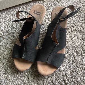 Clarks collection suede soft cushion cork wedge sandals with Ankle Strap